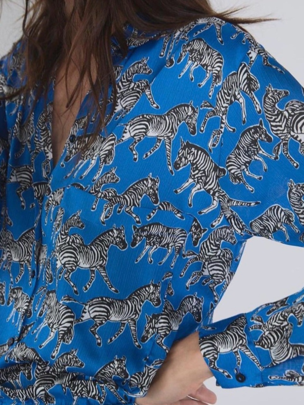Zara Royal Blue Long Sleeve Button Down Top Shirt Zebra Prints Sz XS - Picture 8 of 12